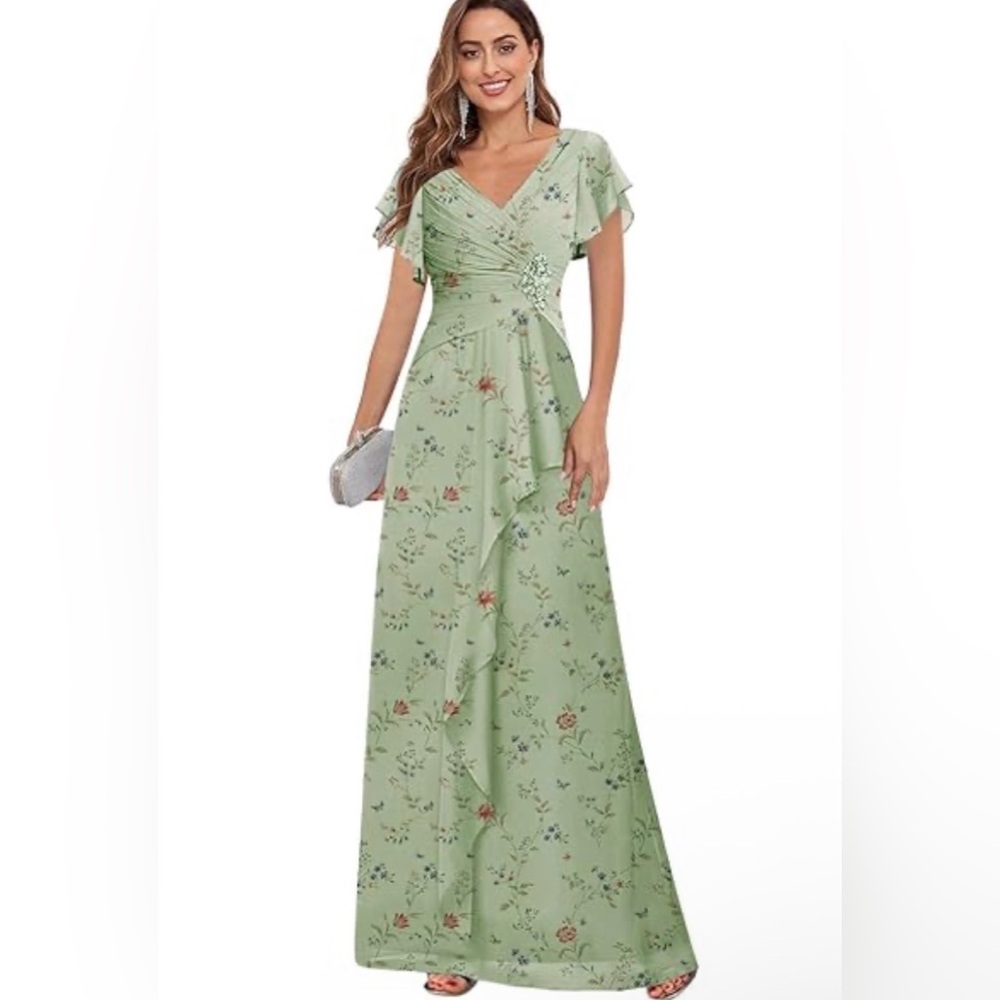 A-line Chiffon Draped V-Neck Flutter Sleeve Floor-Length pleated bodice dress